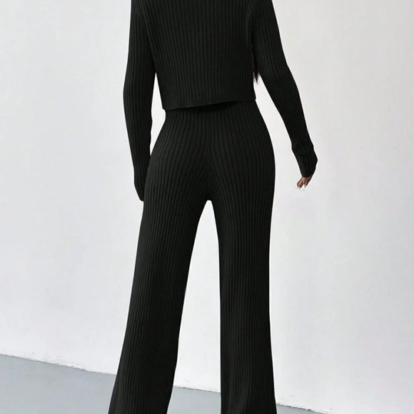 Black Casual Women's Summer Ribbed Knit Cardigan & Flare Leg Knit Pants set - Picture 3 of 6